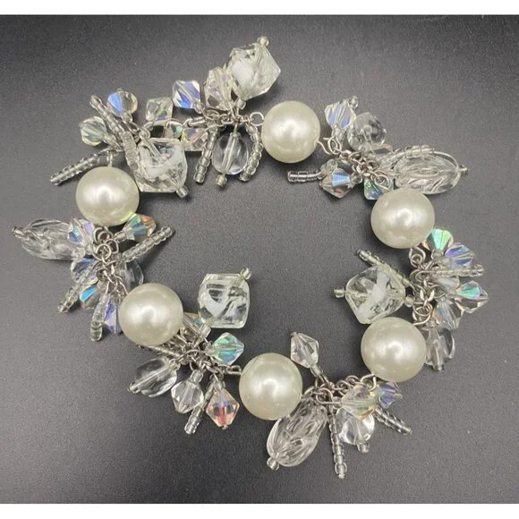 Faux White Pearl Bracelet AB Crystal Silver Tone Bridal Prom Pageant Fits 6.5" - Picture 1 of 8